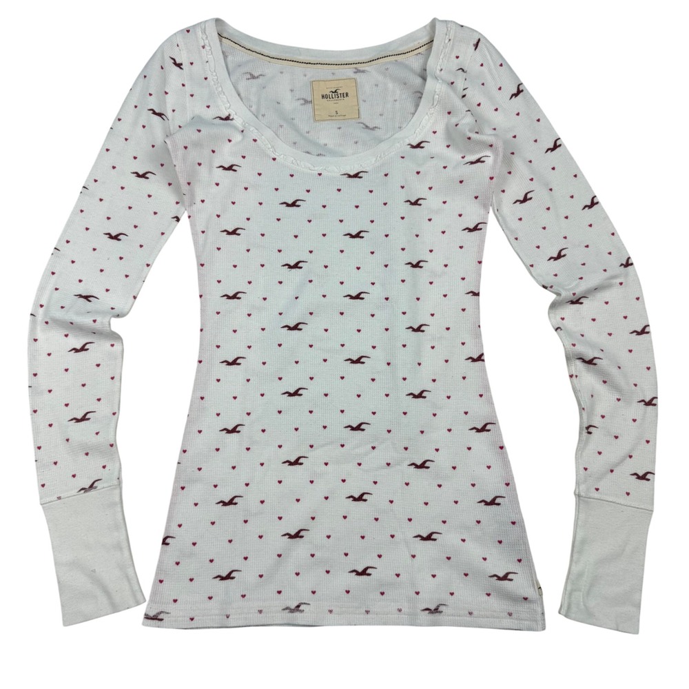 VTG Y2K Hollister White Heart Seagull AOP Long Sleeve Swoop Neck Top Sz S RARE